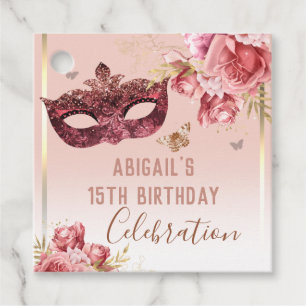 Étiquettes Cadeau Mascarade florale rose joyeux 15e anniversaire