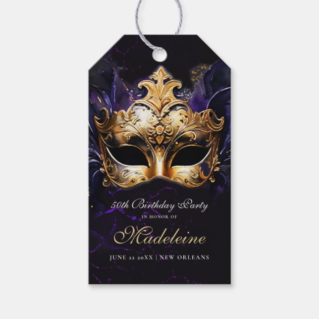 Étiquettes-cadeau Masquerade Mask Gold Purple Dramatic 50th Birthday (Devant)
