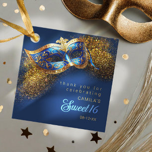 Étiquettes Cadeau Masquerade Masque Sweet 16 Blue Gold ID1032