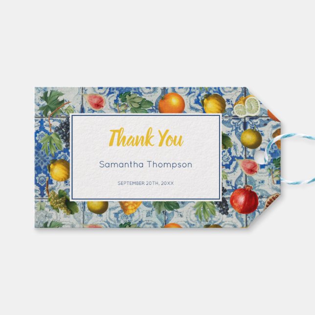 Étiquettes-cadeau Méditerranée Fruit Mosaïque Bleue (Devant (Horizontal))