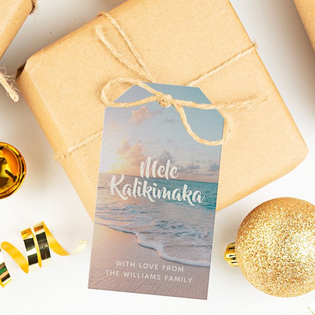 Étiquettes-cadeau Mele Kalikimaka Custom Tropical Beach Noël (Créateur téléchargé)