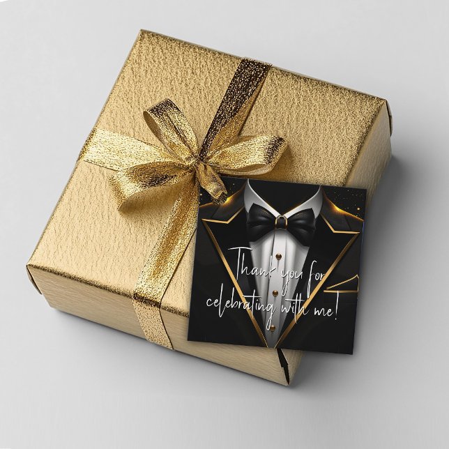 Étiquettes Cadeau Mens Black Gold fête d'anniversaire (Black and gold tuxedo favor and gift tags. Add your logo, photo and text to personalize.)