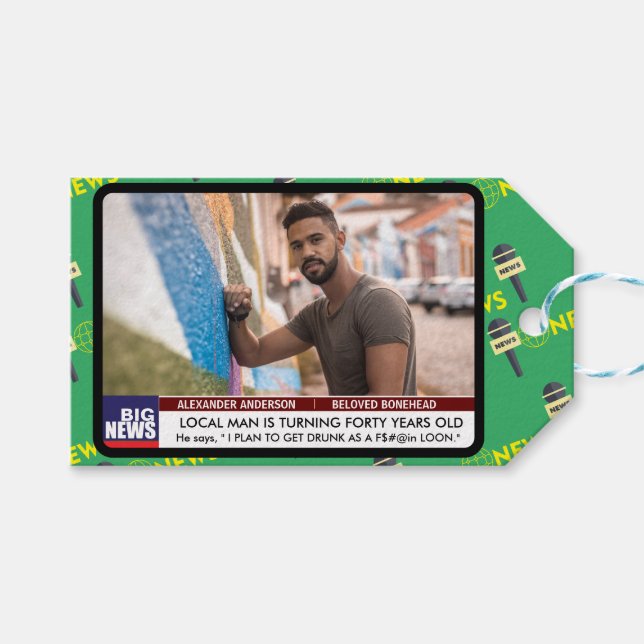 Étiquettes-cadeau Mens Funny 40th Birthday TV News 50th 60th (Devant (Horizontal))