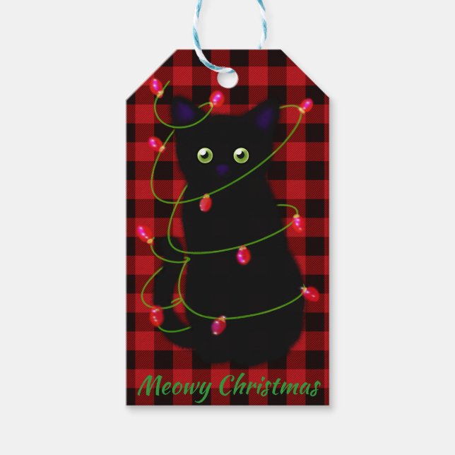 Étiquettes-cadeau Meowcat Noël rouge scintillement lumières rouge pl (Devant)