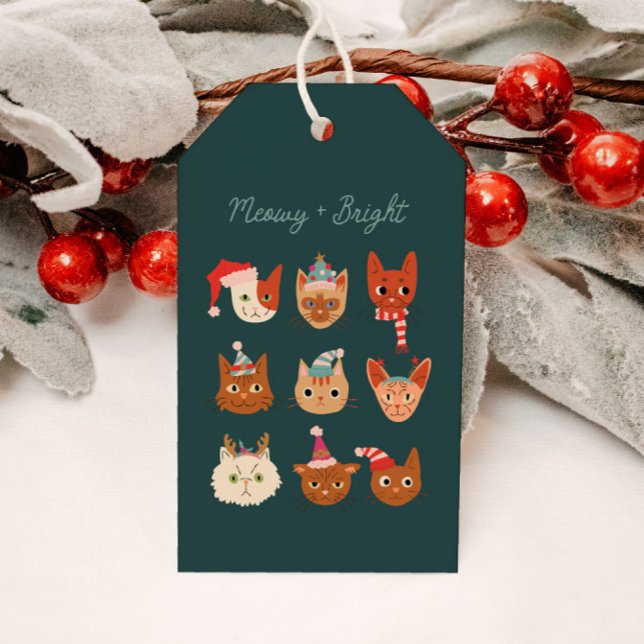 Étiquettes-cadeau Meowy et Bright Cute Christmas Chats Green (Créateur téléchargé)