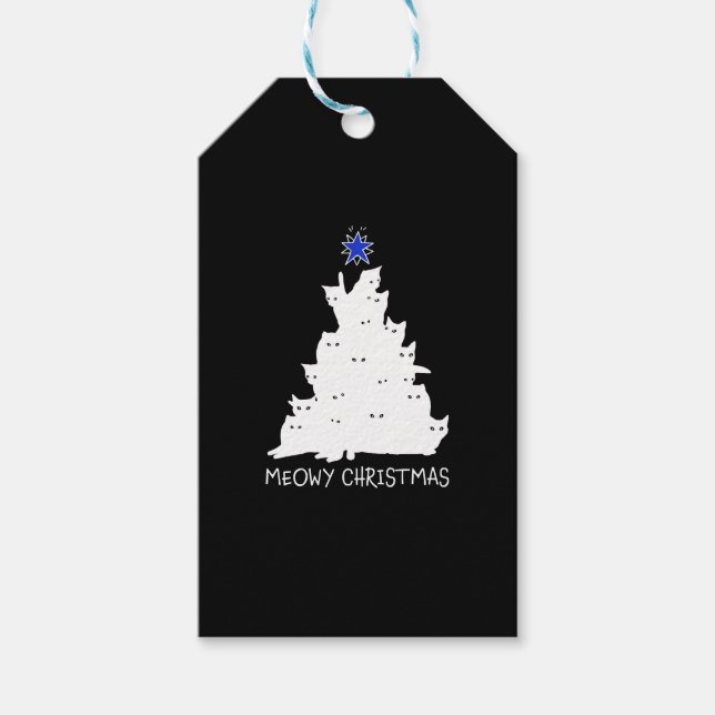 Étiquettes-cadeau meowy noël chemise noire arbre étoile jaune chat (Devant)