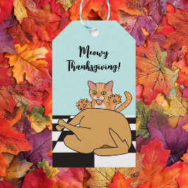 Étiquettes-cadeau Meowy Thanksgiving Drôle chat Turquie Dessin