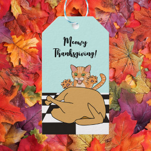 Étiquettes-cadeau Meowy Thanksgiving Drôle chat Turquie Dessin