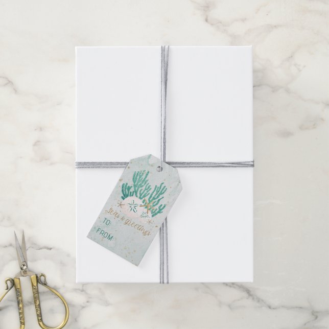 Étiquettes-cadeau MER côtière et salutations Parties scintillant tur (Avec de la ficelle)