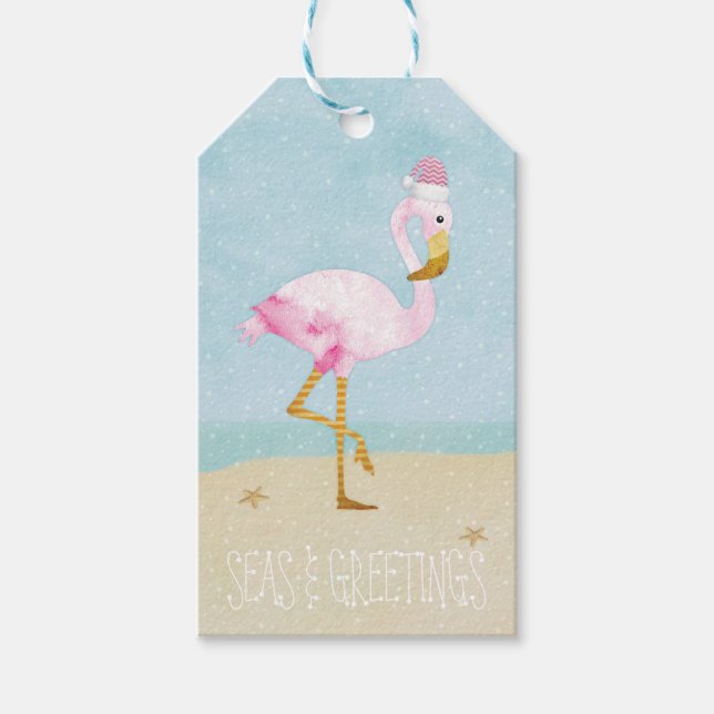 Étiquettes-cadeau Mer et salutations Aquarelle Flamant rose rose (Devant)