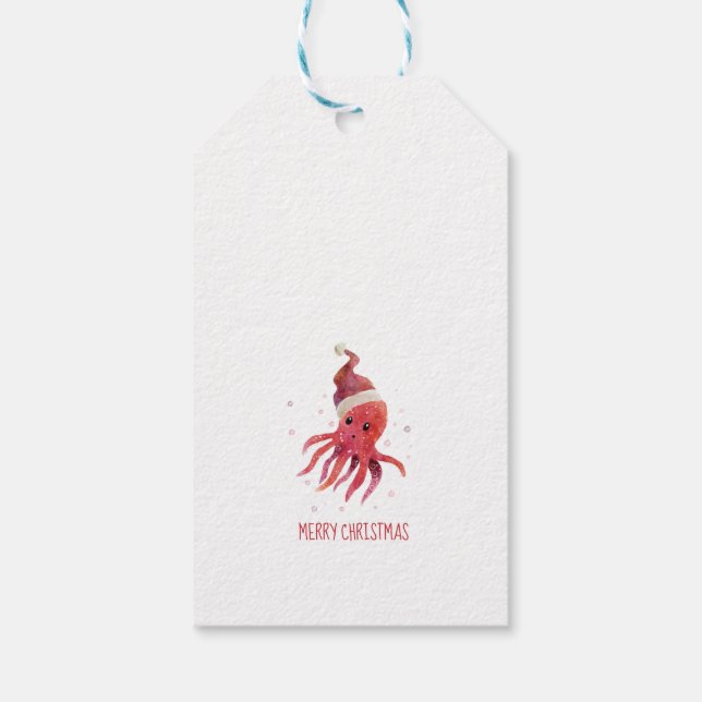 Étiquettes-cadeau Mer octopique mignonne et salutations Santa Hat (Dos)