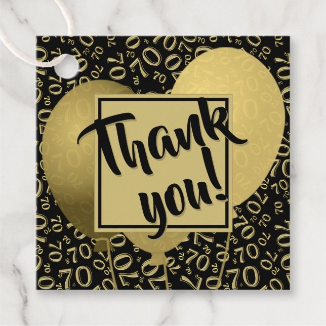 Étiquettes Cadeau Merci 70e Numéro Motif Gold et Black SQ (Devant)