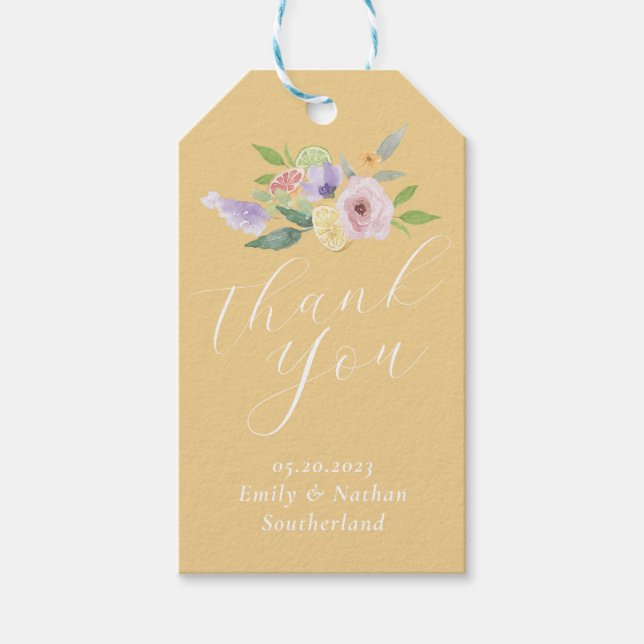 Étiquettes-cadeau Merci Aquarelle Citrus Fruit & Mariage Floral (Devant)