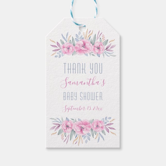Étiquettes-cadeau Merci Baby shower rose pâle Aquarelle Florale (Devant)