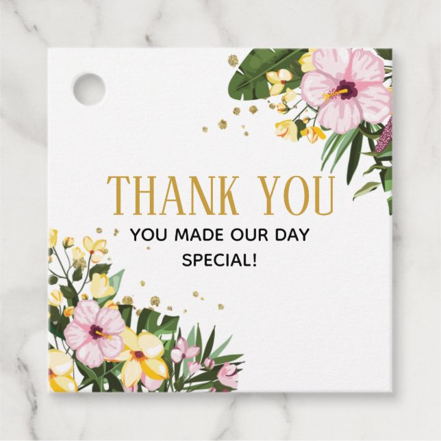 Étiquettes Cadeau Merci! Baby shower Tropical Floral Gold (Devant)