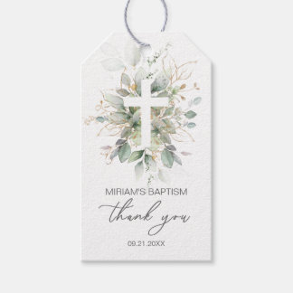 Étiquettes-cadeau Merci Baptême croisé de feuillage vert or