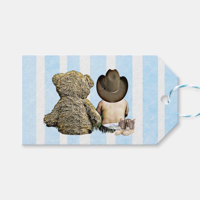 Étiquettes-cadeau Merci bébé cowboy et ours en peluche (Devant (Horizontal))