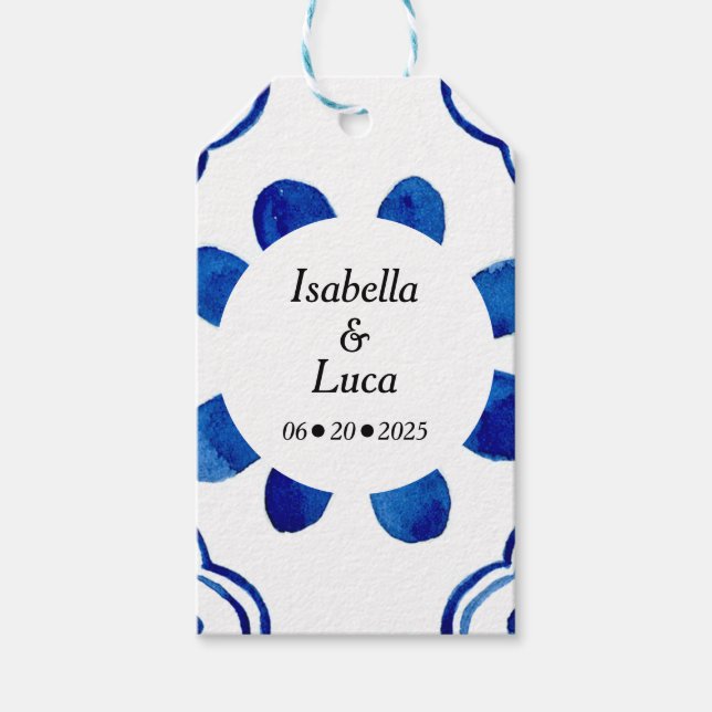 Étiquettes-cadeau Merci Bleu Bleu Floral Carrelage (Devant)
