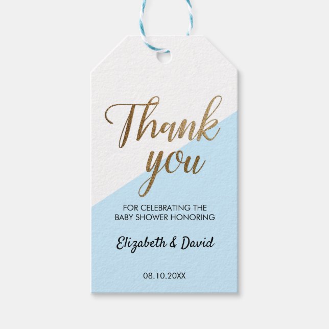 Étiquettes-cadeau Merci Bleu Chic  Script Couple Baby shower (Devant)