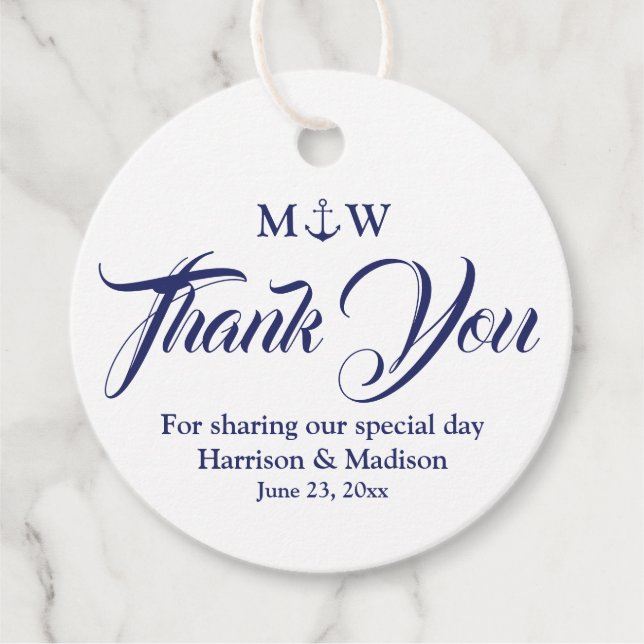 Étiquettes Cadeau Merci bleu marine blanc mariage d'ancre marine (Devant)