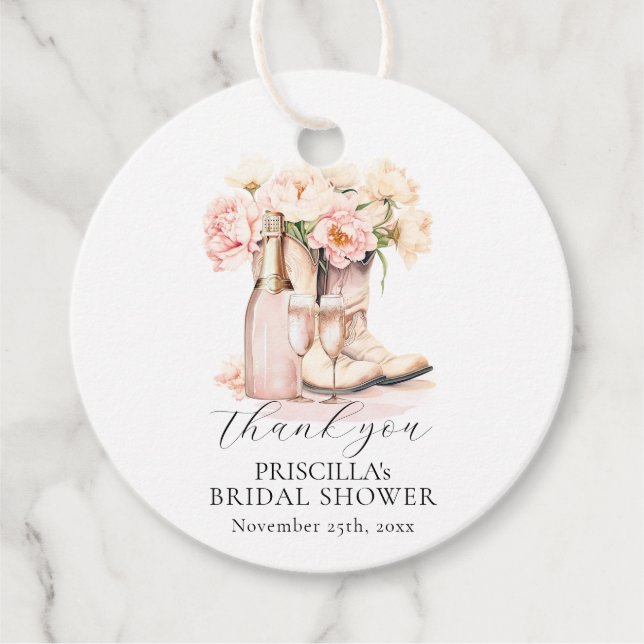 Étiquettes Cadeau Merci Boots Bubbly Western Peony BRIDAL SHOWER (Devant)