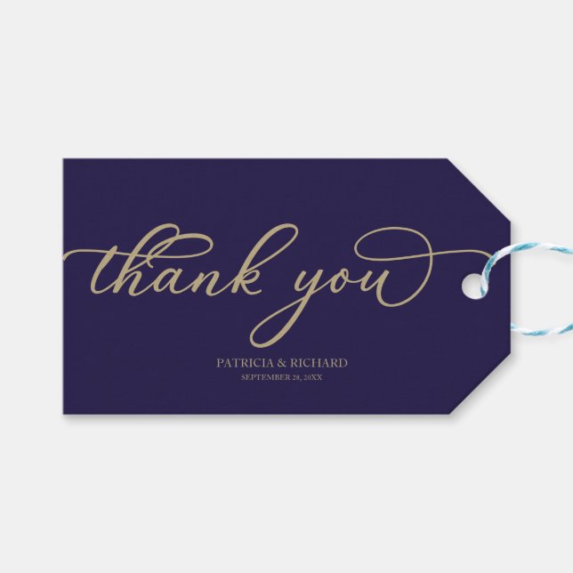Étiquettes-cadeau Merci - Chic Or Script Marine Bleu Mariage (Devant (Horizontal))