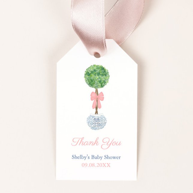 Étiquettes-cadeau Merci classique de la fête de la douche pour bébé  (Preppy boxwood topiary with pink bow little girl baby shower favor tags)