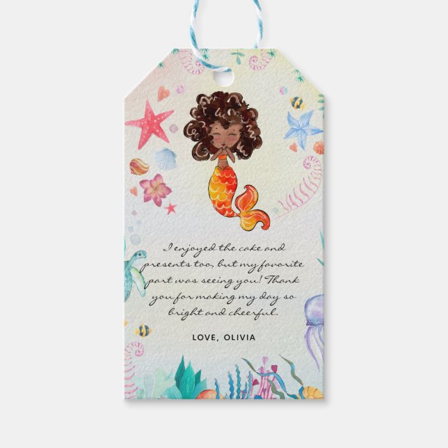 Étiquettes-cadeau Merci d'anniversaire de la sirène afro-américaine (Devant)