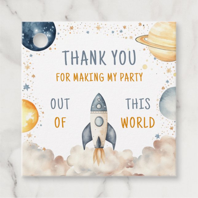 Étiquettes Cadeau Merci d'anniversaire du garçon spatial (Devant)