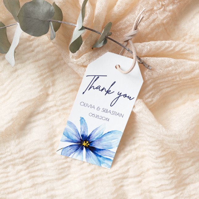Étiquettes-cadeau Merci d'aquarelle minimaliste à fleurs bleues (Créateur téléchargé)