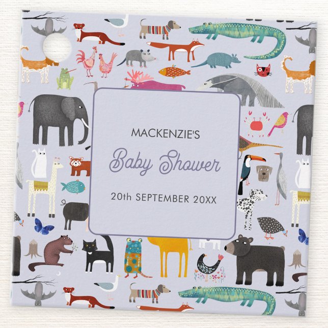 Étiquettes Cadeau Merci de Baby shower animal personnalisé amusant (Jungle, safari, zoo, wild and pet animals and bird design personalized baby shower favor tag)