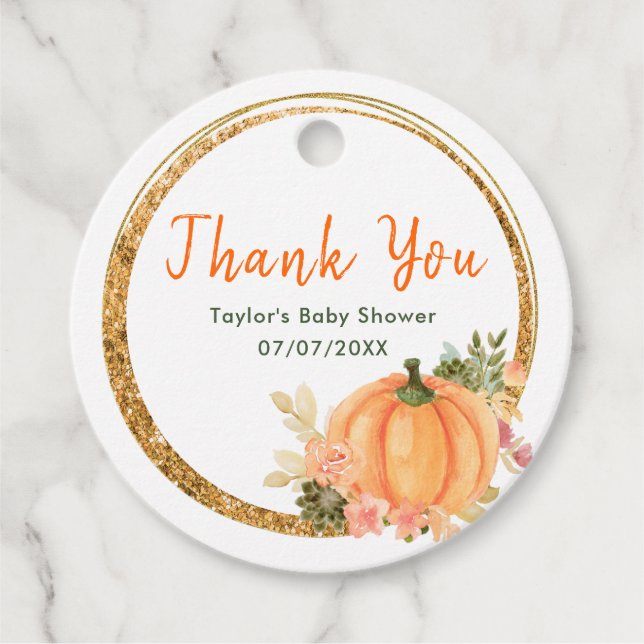 Étiquettes Cadeau Merci de Baby shower Citrouille orange et vert (Devant)