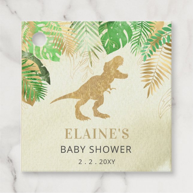 Étiquettes Cadeau Merci de Baby shower de dinosaure d'or (Devant)