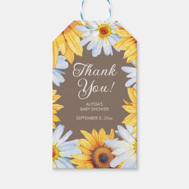 Étiquettes-cadeau Merci de Baby shower de marguerites de tournesols (Devant)