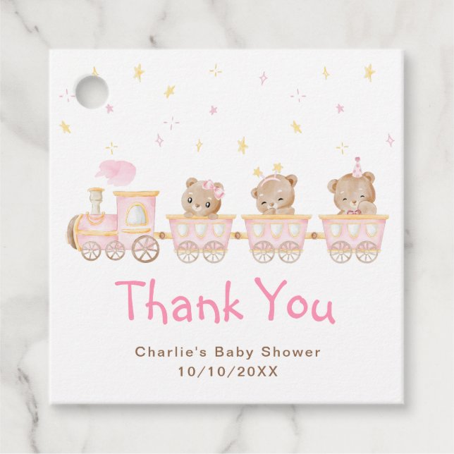 Étiquettes Cadeau Merci de Baby shower de train rose ours (Devant)