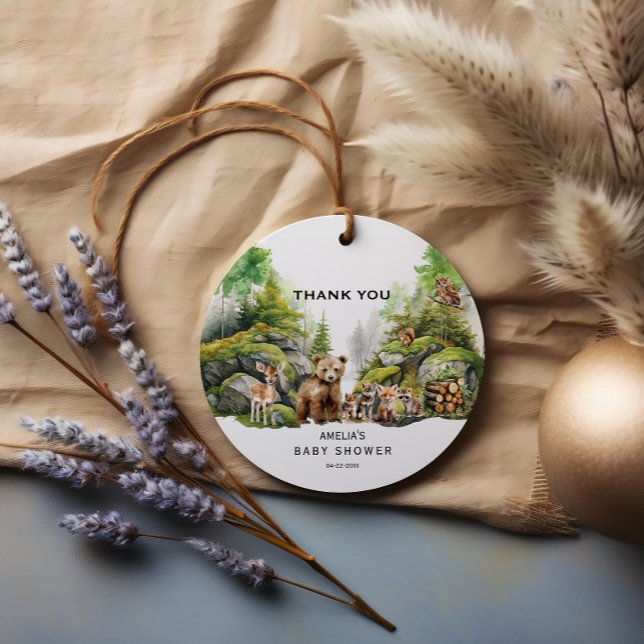 Étiquettes Cadeau Merci de Baby shower des animaux de bois de Whimsi (Créateur téléchargé)