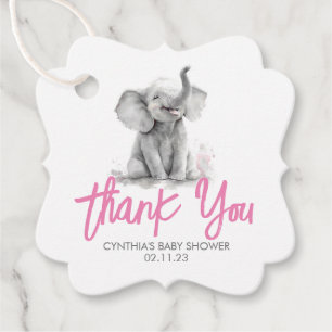 Étiquettes Cadeau Merci de Baby shower gris rose petit éléphant