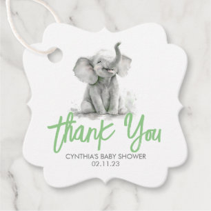 Étiquettes Cadeau Merci de Baby shower gris vert petit éléphant