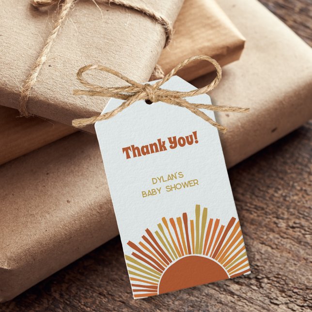 Étiquettes-cadeau Merci de Baby shower rétro Sunshine Boho (boho sunshine baby shower thank you gift tags retro baby shower burned yellow orange brown)