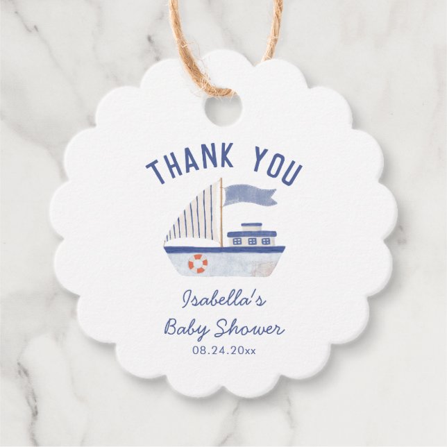 Étiquettes Cadeau Merci de bateau à voile Baby shower garçon (Devant)
