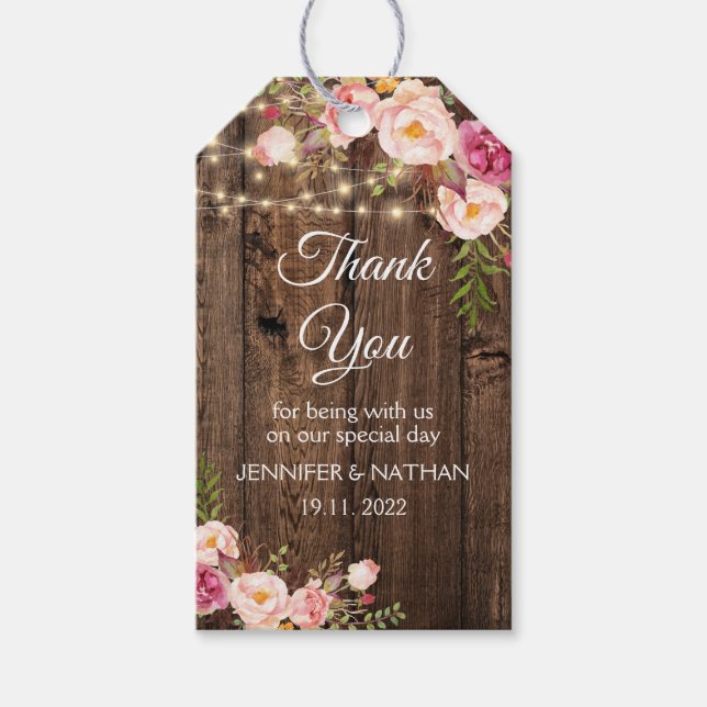 Étiquettes-cadeau Merci de calligraphie florale Mariage rustique (Devant)