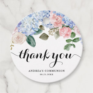 Étiquettes Cadeau Merci de communion bleu Hydrangea et rose rose