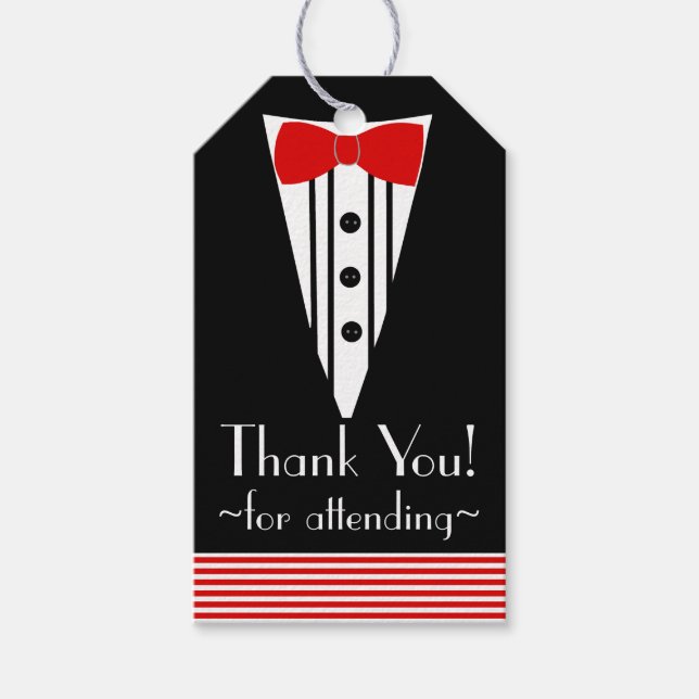 Étiquettes-cadeau Merci de Cravate rouge Tuxedo noir (Devant)