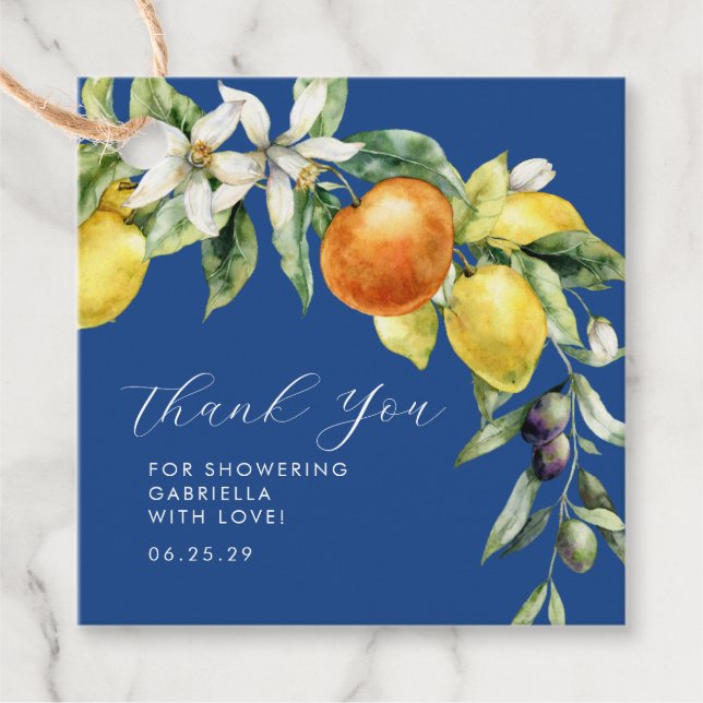Étiquettes Cadeau Merci de Fête des mariées bleu Boho Citrus (Devant)
