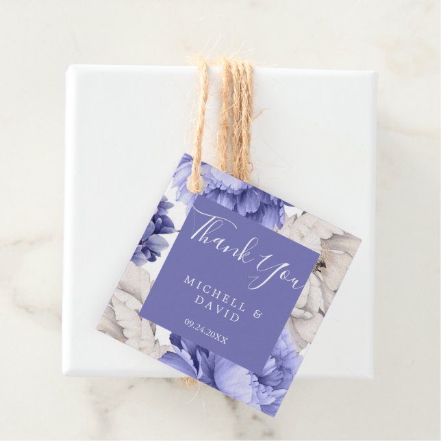 Étiquettes Cadeau Merci de fleurs de pivoines blanc et bleu (En situation)