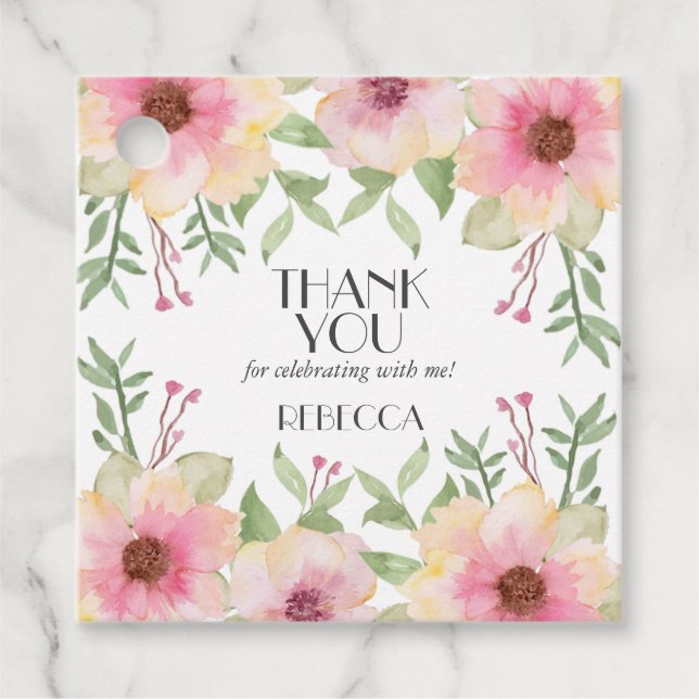 Étiquettes Cadeau Merci de fleurs roses d'aquarelle (Devant)