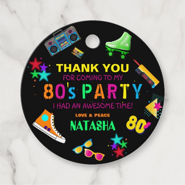 Étiquettes Cadeau Merci de la fête d'anniversaire de Neon 80 (Devant)