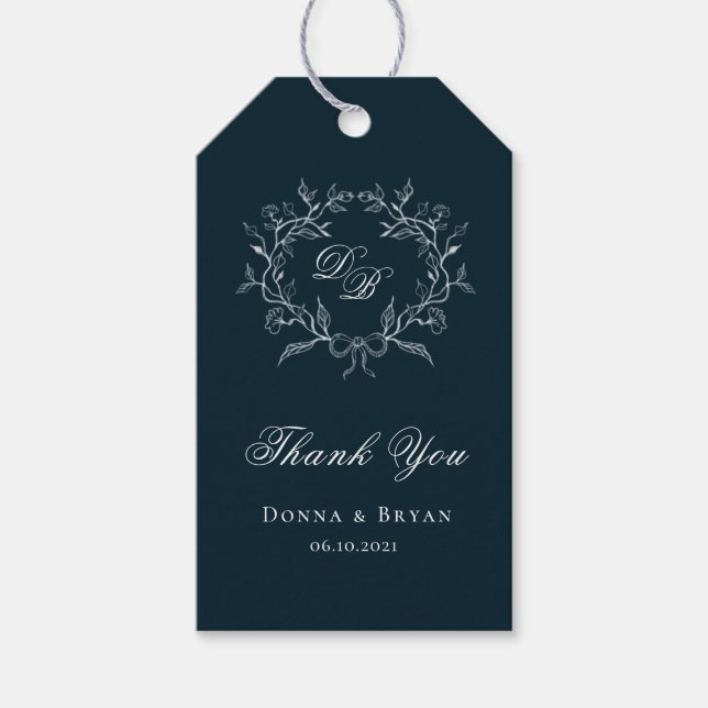 Étiquettes-cadeau Merci de mariage à monogrammaire bleu et blanc (Devant)