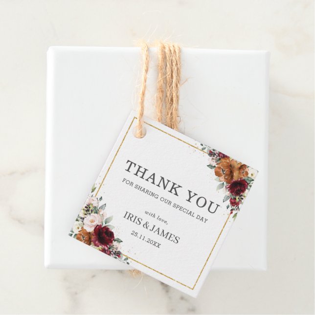 Étiquettes Cadeau Merci de Mariage floral de Bourgogne (En situation)