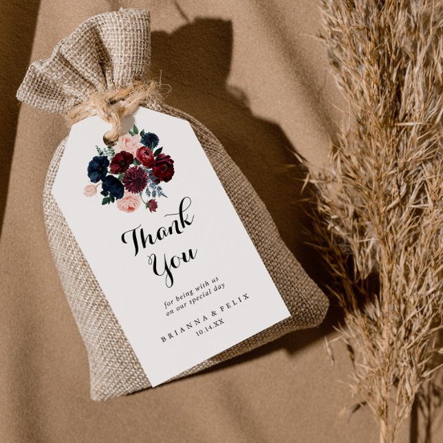 Étiquettes-cadeau Merci de Mariage Floral de la marine de Bourgogne  (Créateur téléchargé)